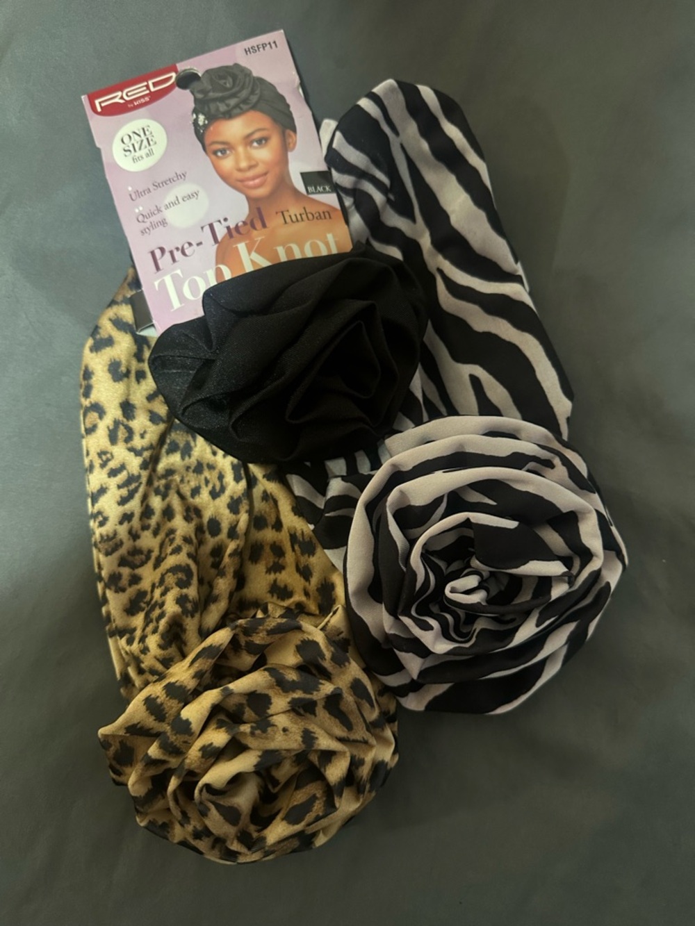 RED Pre-Tied Turban Top Knot Headwraps - Black, White (Zebra) & Leopard